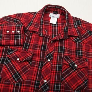 Wrangler Wrancher Western Flannel Shirt Mens XLT Red Black Pearl Snaps Plaid